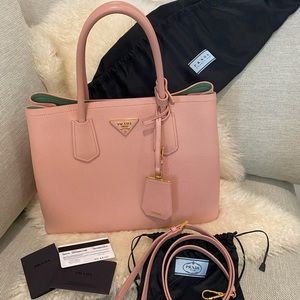 Prada Leather Medium Tote Double Saffiano Cuir Orchidea and Acquamarina